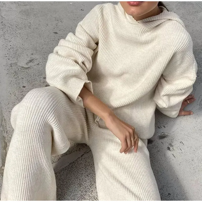 Women Matching Sets Long Sleeve Hoodie+Wide-Legged Pants Loungewear Sweater Set Two Piece Outfits