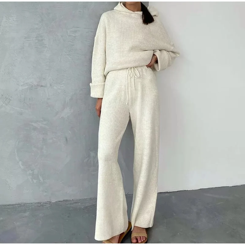 Women Matching Sets Long Sleeve Hoodie+Wide-Legged Pants Loungewear Sweater Set Two Piece Outfits