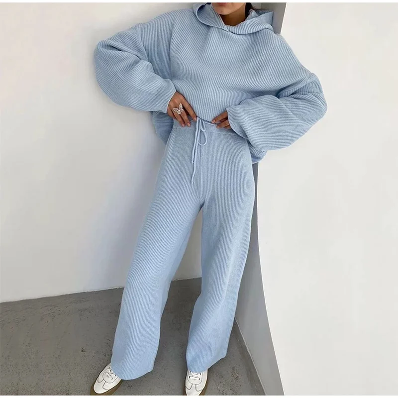 Women Matching Sets Long Sleeve Hoodie+Wide-Legged Pants Loungewear Sweater Set Two Piece Outfits