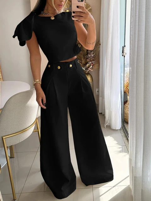 D​rauuing 2 Pieces Sets Women Sleeveless Tee And Wide Leg Pant Outfits Casual Summer 2 Pieces Pant Sets Casual Suits  Women