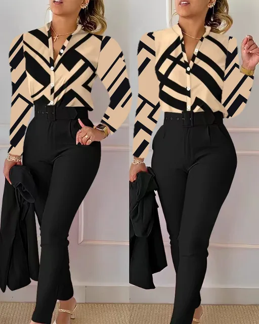 Elegant Women Printed Two Piece Suit Sets Autumn Winter V Neck Long Sleeve Shirt Top & Long Pants Set With Belt Workwear Outfits