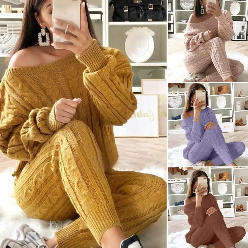 Autumn Winter Women Knitted Tracksuit Two Piece Set Women Sweater Tops Elastic Waist Pant Knitted Suit Women Two Piece Outfits