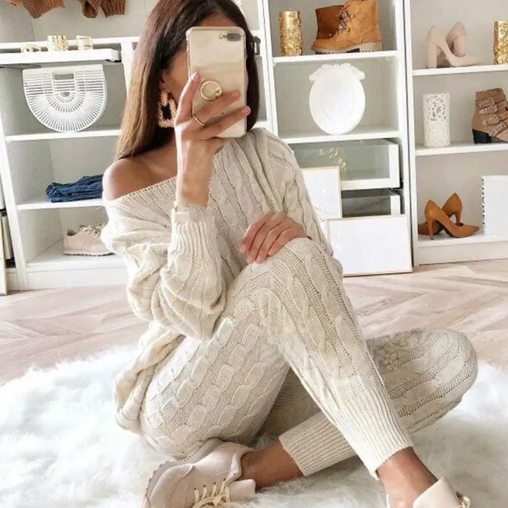 Autumn Winter Women Knitted Tracksuit Two Piece Set Women Sweater Tops Elastic Waist Pant Knitted Suit Women Two Piece Outfits