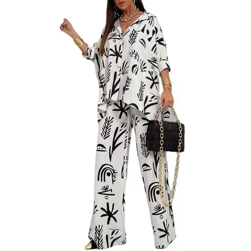 Women Wide Leg Pants Two Piece Sets Outfits Long Sleeve Button Down Shirt Suit Casual