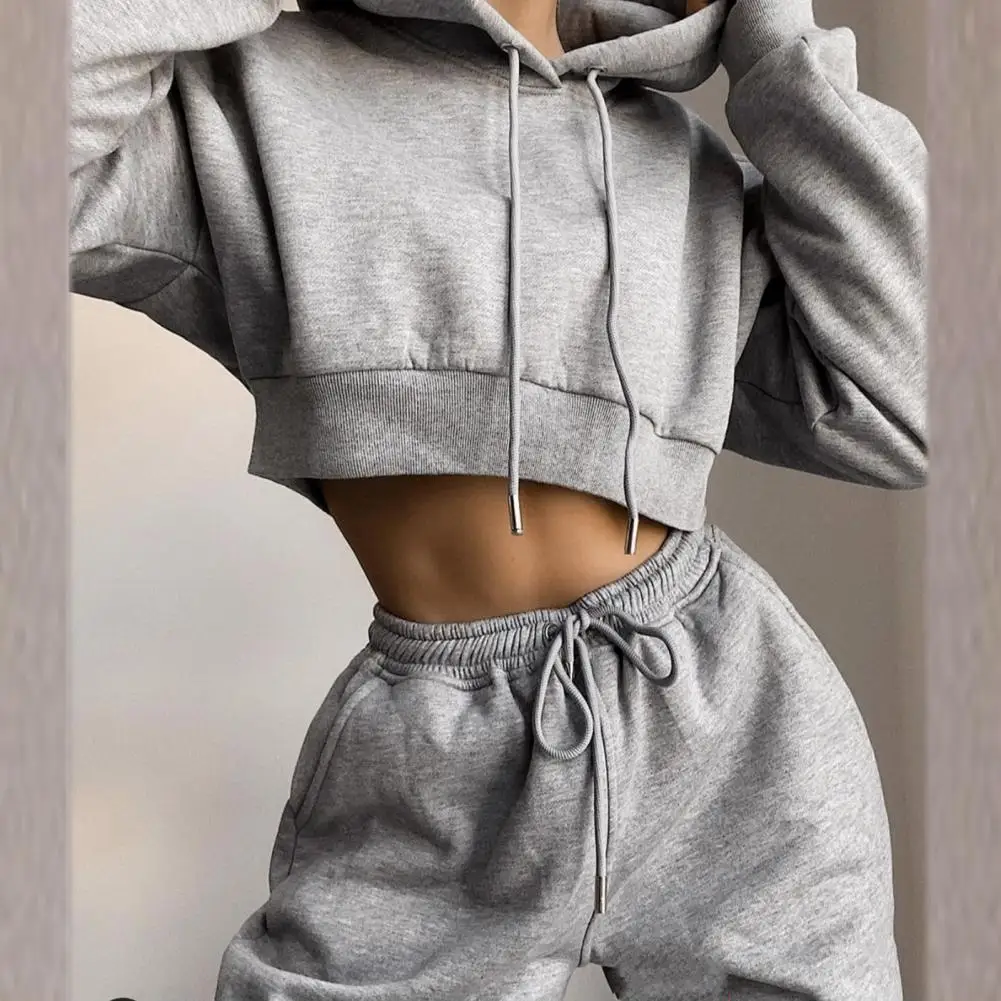 White Autumn Sexy Hoodies Pants Set Tracksuit Hooded Drawstring Women Long Sleeve Crop Top Hoodies Pockets Trousers for Sports