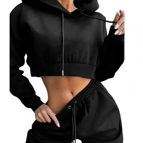 White Autumn Sexy Hoodies Pants Set Tracksuit Hooded Drawstring Women Long Sleeve Crop Top Hoodies Pockets Trousers for Sports