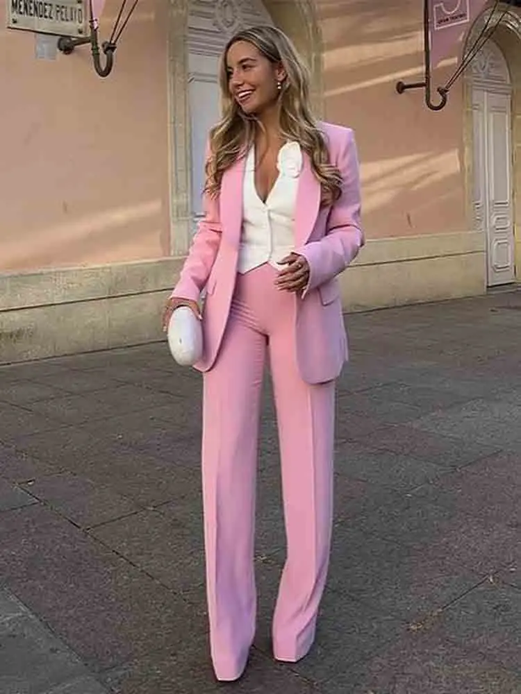 Pink Blazer Suits Long Sleeve Blazer High Waist Pants Suit Autumn Winter 2 Piece Set Office Lady Streetwear Two Suit Clothes