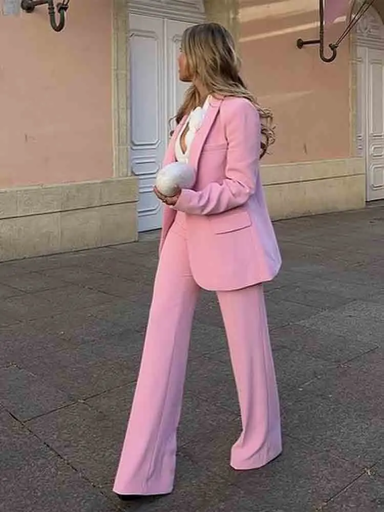 Pink Blazer Suits Long Sleeve Blazer High Waist Pants Suit Autumn Winter 2 Piece Set Office Lady Streetwear Two Suit Clothes