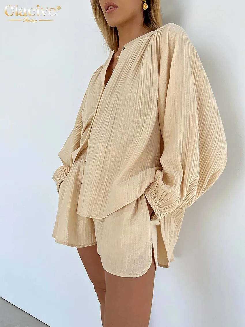 Clacive Elegant Long Sleeve Blouse Set Of Two Fashion Pieces For Women Summer Apricot Shorts Set Casual Loose Suits With Shorts