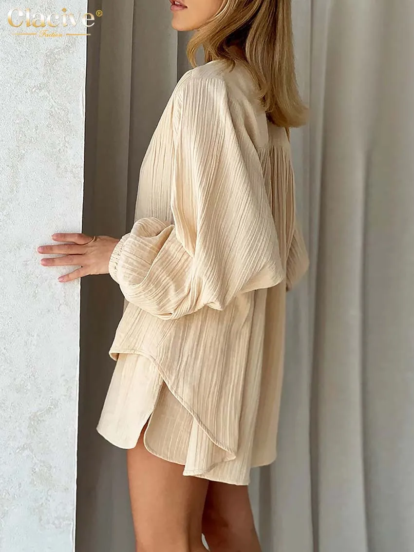 Clacive Elegant Long Sleeve Blouse Set Of Two Fashion Pieces For Women Summer Apricot Shorts Set Casual Loose Suits With Shorts