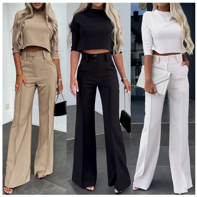 Casual Fashion Women Half Sleeve Crop T-shirt & Wide Leg Pants Set Summer Femme Office Lady Two Pieces Suit Set Workwear Outfits