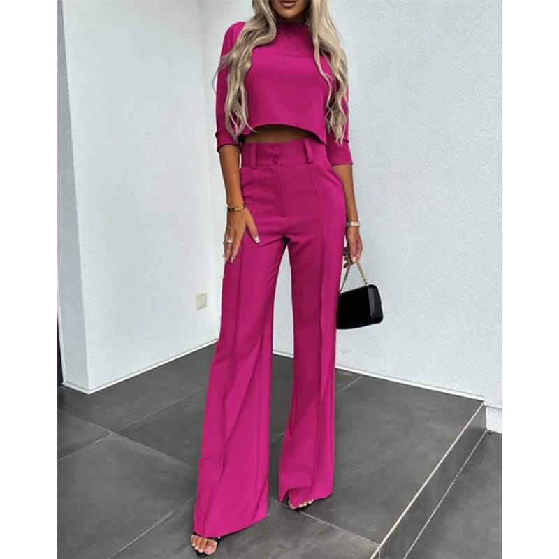 Casual Fashion Women Half Sleeve Crop T-shirt & Wide Leg Pants Set Summer Femme Office Lady Two Pieces Suit Set Workwear Outfits