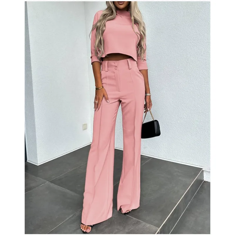 Casual Fashion Women Half Sleeve Crop T-shirt & Wide Leg Pants Set Summer Femme Office Lady Two Pieces Suit Set Workwear Outfits