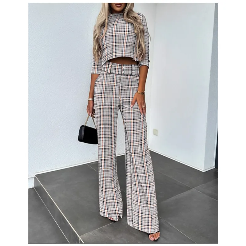 Casual Fashion Women Half Sleeve Crop T-shirt & Wide Leg Pants Set Summer Femme Office Lady Two Pieces Suit Set Workwear Outfits