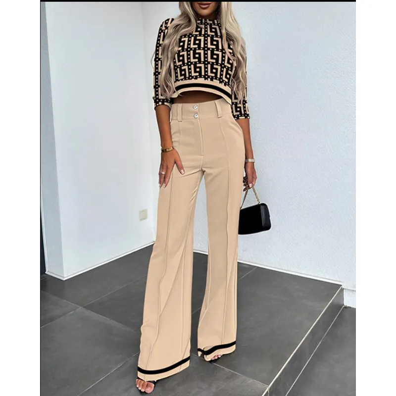 Casual Fashion Women Half Sleeve Crop T-shirt & Wide Leg Pants Set Summer Femme Office Lady Two Pieces Suit Set Workwear Outfits