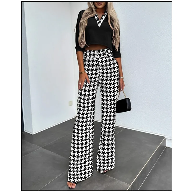 Casual Fashion Women Half Sleeve Crop T-shirt & Wide Leg Pants Set Summer Femme Office Lady Two Pieces Suit Set Workwear Outfits