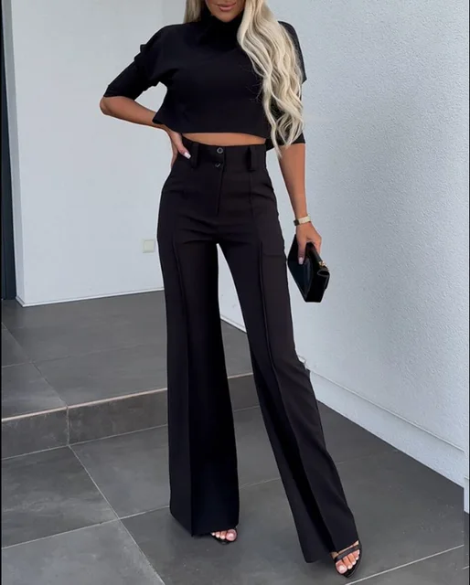 Casual Fashion Women Half Sleeve Crop T-shirt & Wide Leg Pants Set Summer Femme Office Lady Two Pieces Suit Set Workwear Outfits