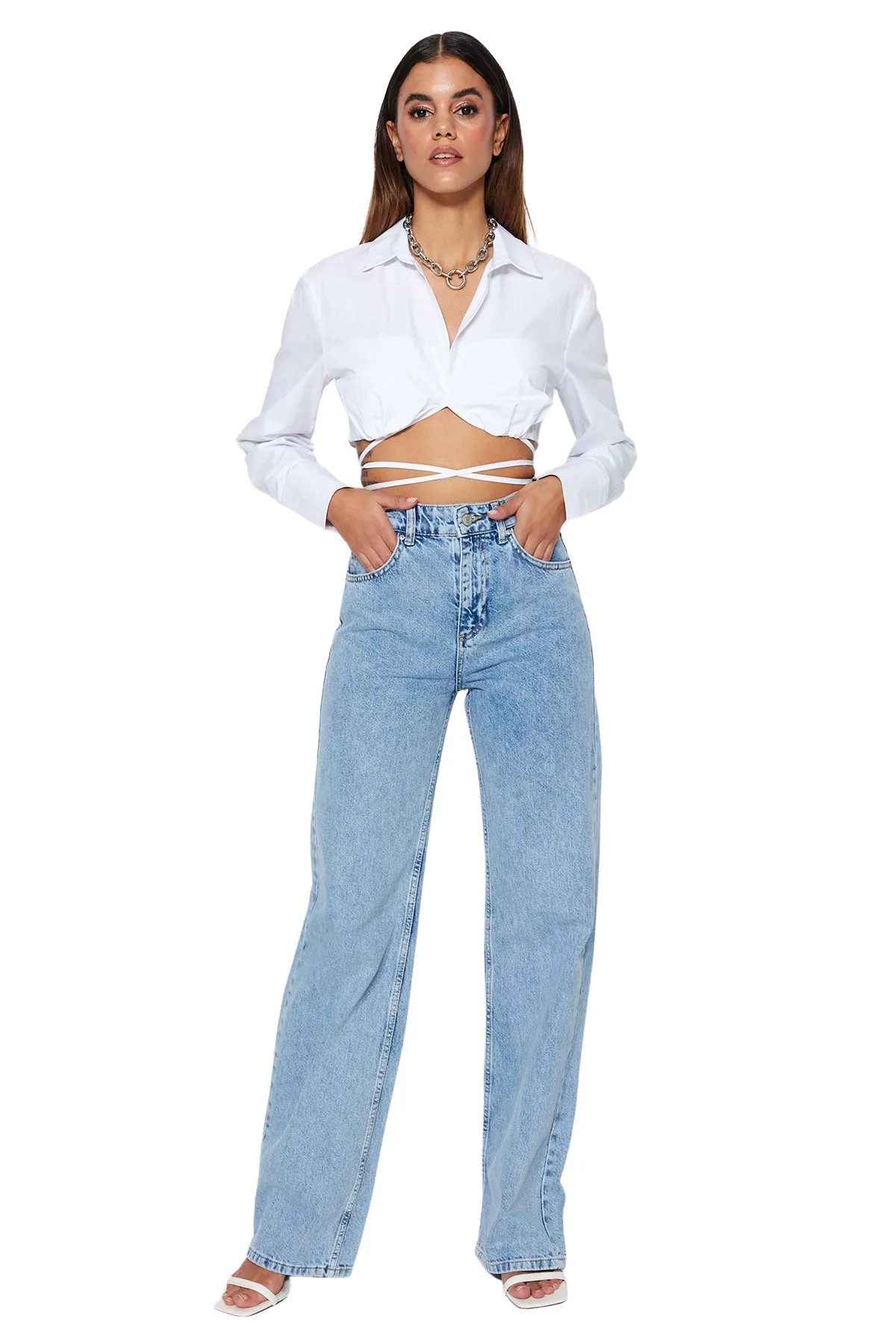 Trendyol Women's Straight Wide Leg High Waist Denim Jeans