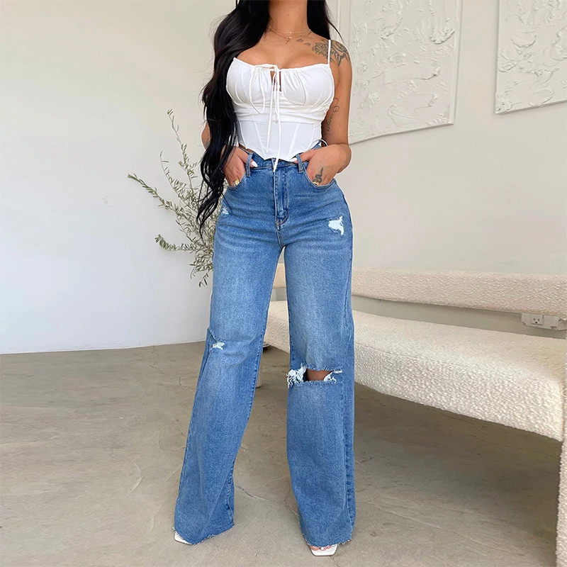 Women's jeans long high waist ripped raw edge hot selling European and American style comfortable wide leg pants