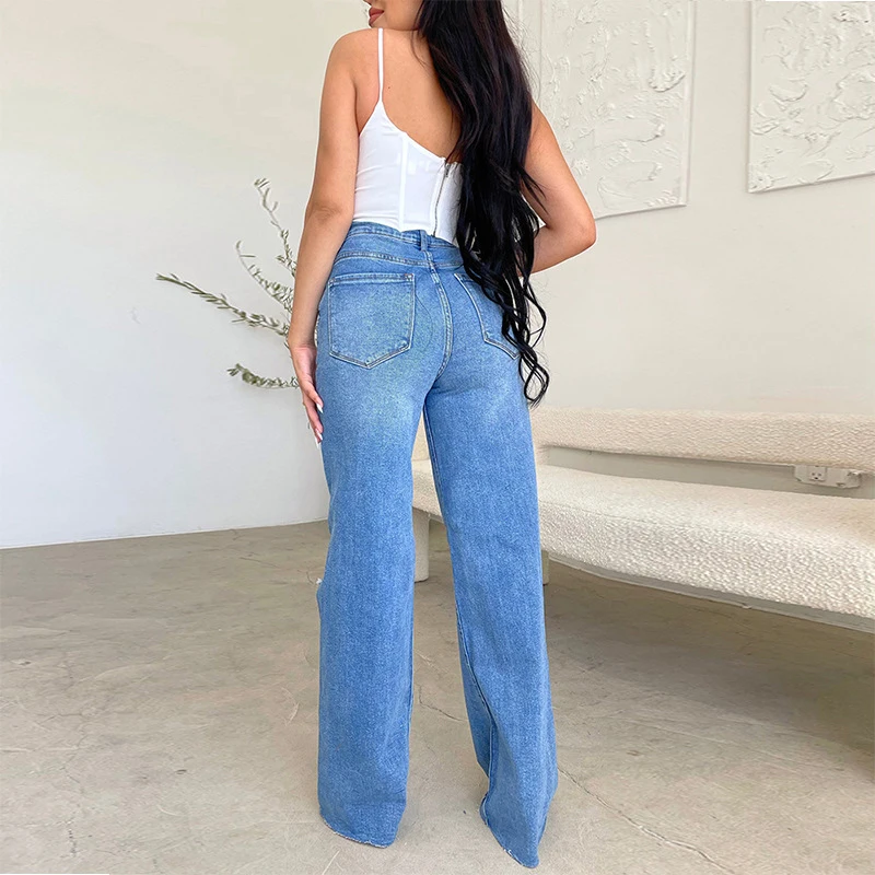 Women's jeans long high waist ripped raw edge hot selling European and American style comfortable wide leg pants