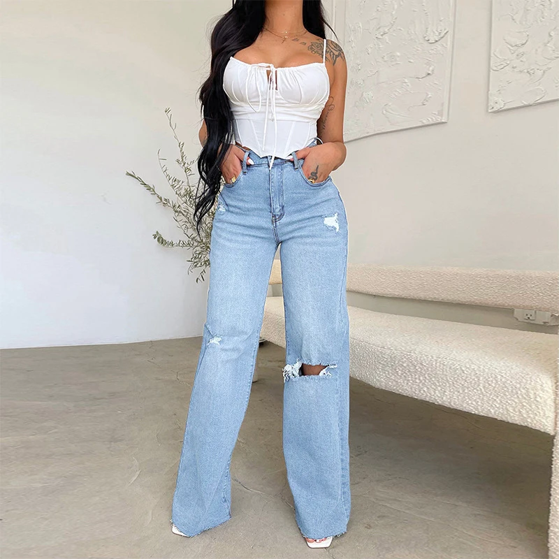 Women's jeans long high waist ripped raw edge hot selling European and American style comfortable wide leg pants