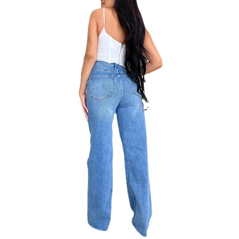 Women's jeans long high waist ripped raw edge hot selling European and American style comfortable wide leg pants