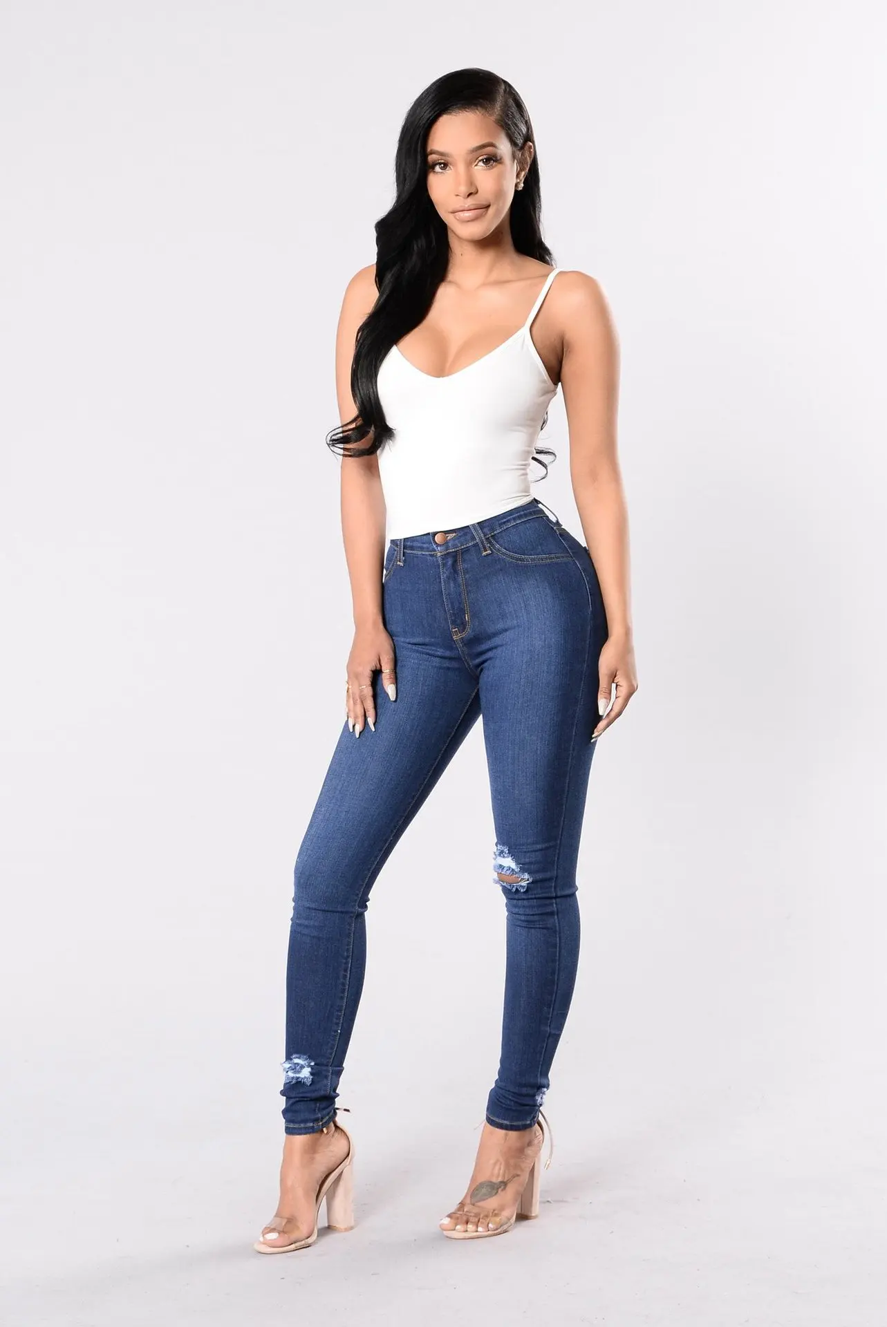 European and American Style Distressed Skinny Jeans with Handcrafted Ripped Details and Stylish Fit Slouchy Jeans