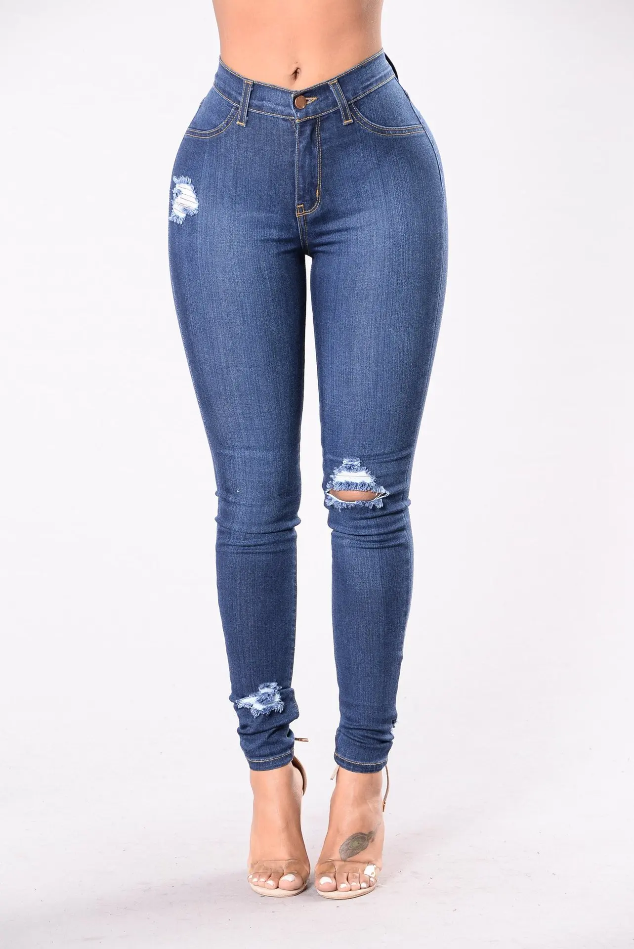 European and American Style Distressed Skinny Jeans with Handcrafted Ripped Details and Stylish Fit Slouchy Jeans