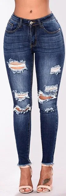 European and American Style Distressed Skinny Jeans with Handcrafted Ripped Details and Stylish Fit Slouchy Jeans