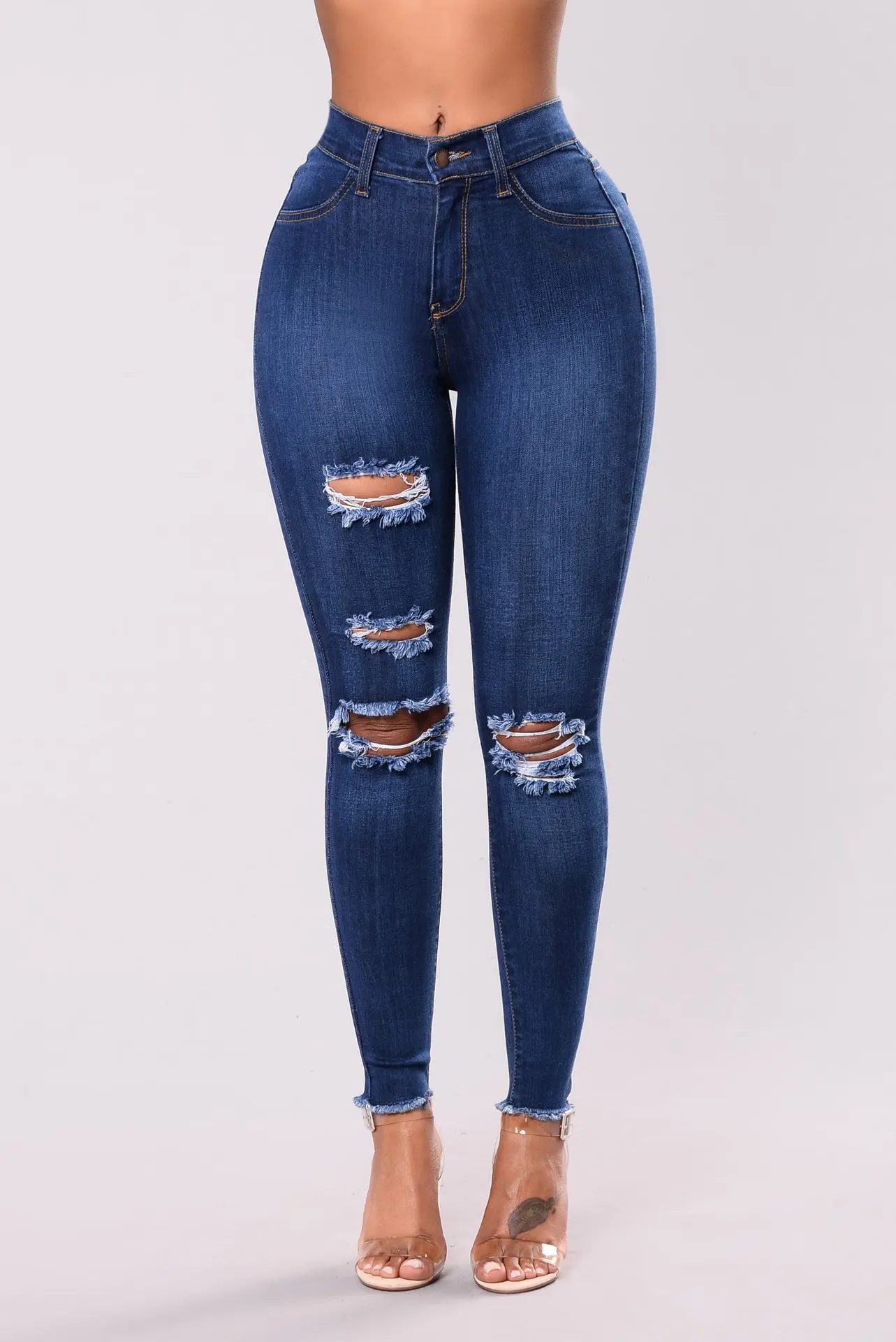 European and American Style Distressed Skinny Jeans with Handcrafted Ripped Details and Stylish Fit Slouchy Jeans