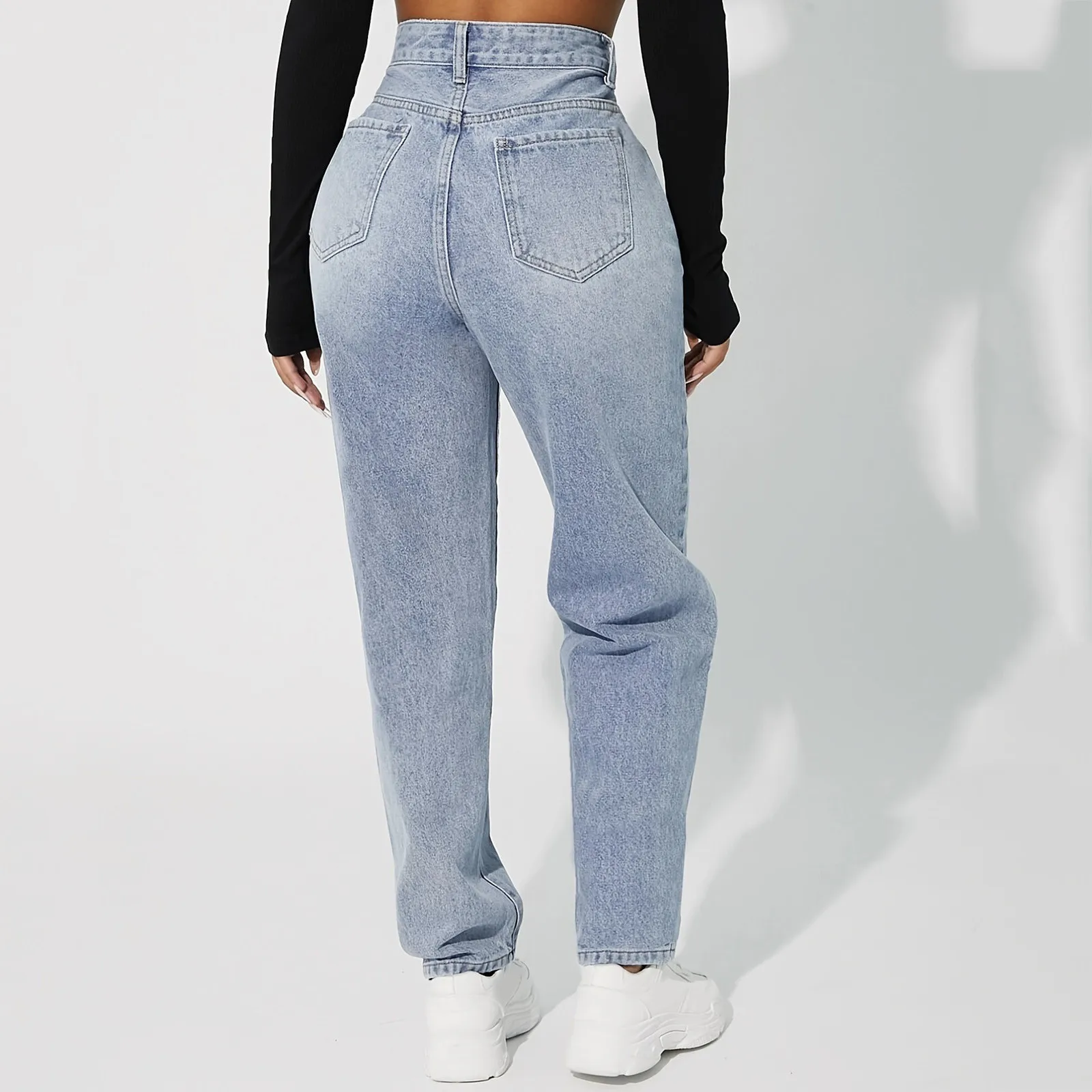 Korean Simple Women Straight Wide Leg Pants Casual Fashion Wash Water Denim Trousers Temperament Mom Jeans Pantalones De Mujer