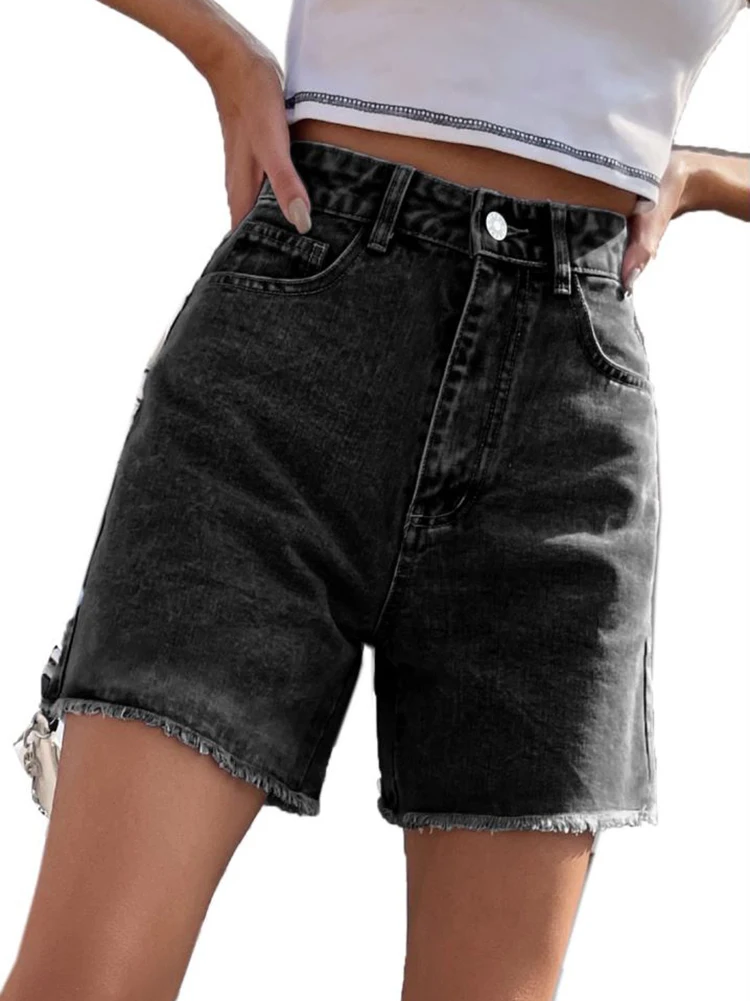 Women's Straight Leg Raw Hem Stretch Jean Shorts High Waist Casual Denim Shorts Summer Hot Pants
