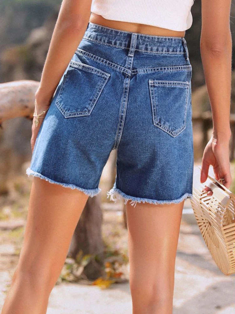 Women's Straight Leg Raw Hem Stretch Jean Shorts High Waist Casual Denim Shorts Summer Hot Pants