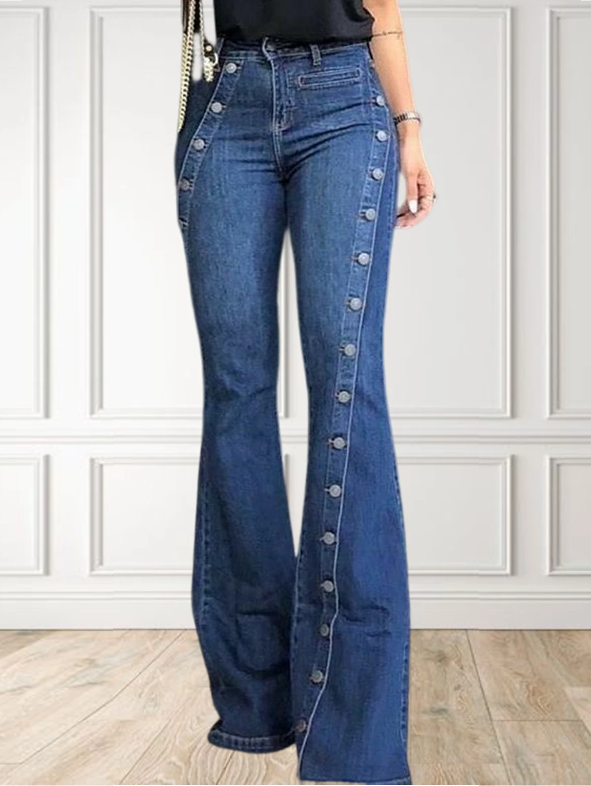 Women Plus Size High Waist Jeans Vintage Casual Slim Denim Pant Fashion Plain Button Decor Flare Leg Long Denim Pants Jeans