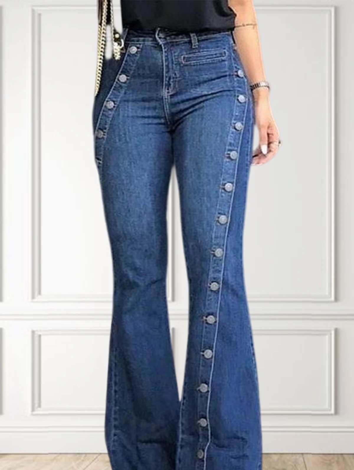 Women Plus Size High Waist Jeans Vintage Casual Slim Denim Pant Fashion Plain Button Decor Flare Leg Long Denim Pants Jeans