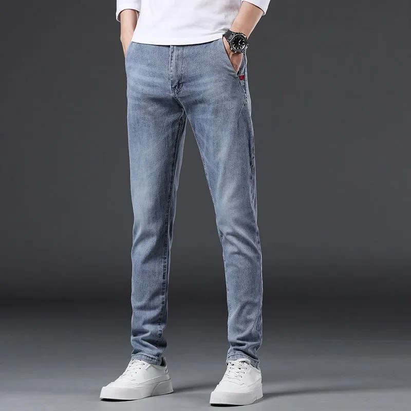 Spring and Autumn New Classic Fashion Solid Color Elastic Jeans Men's Casual Slim Breathable High-Quality Small Feet Pants