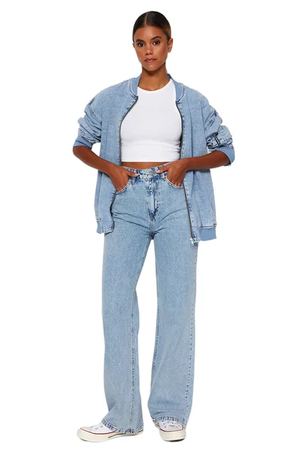 Trendyol Women's Plain Wide Leg High Waist Denim Jeans