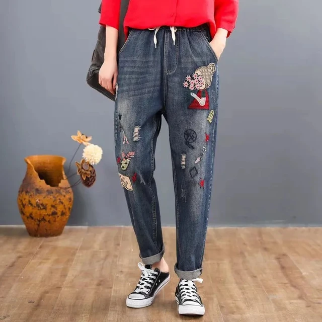 Vintage Embroidery Women's Jeans Cartoon y2k Baggy Harem Vaqueros Elastic High Waist Oversized Ankle-Length Jogger Denim Pants