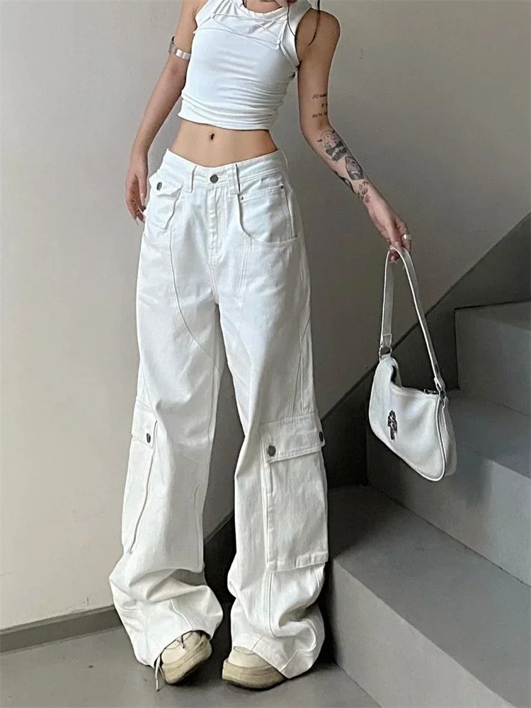 Deeptown Y2K Vintage White Cargo Jeans Women Y2K Korean Style Wide Leg Denim Pants Oversized Streetwear Hip Hop Pockets Trousers