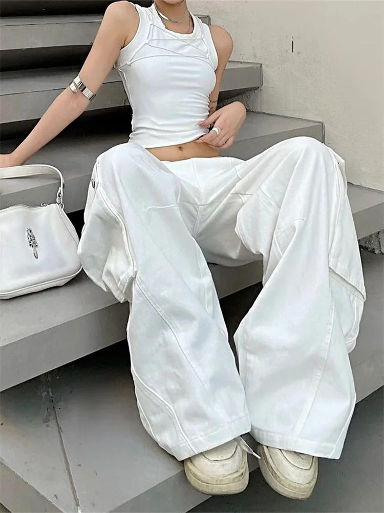Deeptown Y2K Vintage White Cargo Jeans Women Y2K Korean Style Wide Leg Denim Pants Oversized Streetwear Hip Hop Pockets Trousers