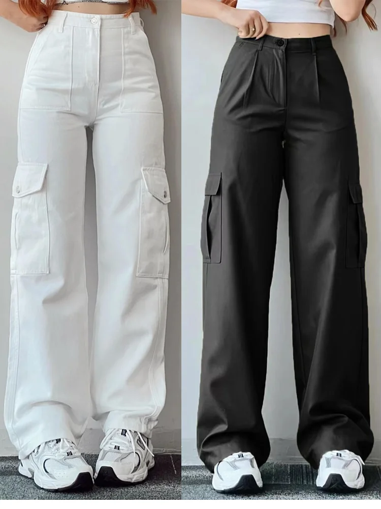 Deeptown Y2K Vintage White Cargo Jeans Women Y2K Korean Style Wide Leg Denim Pants Oversized Streetwear Hip Hop Pockets Trousers