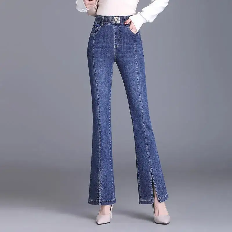 Streetwear Fashion Women Flare Split Jeans High Waist Elastic Band Denim Spring Summer Full Pants Thin Casual Straight Trousers