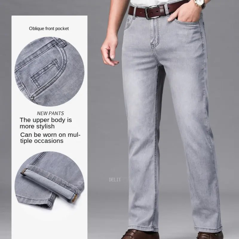 Brand Thin or Thick Material Straight Cotton Stretch Denim Men's  Business Casual High Waist Light Grey Blue Jeans