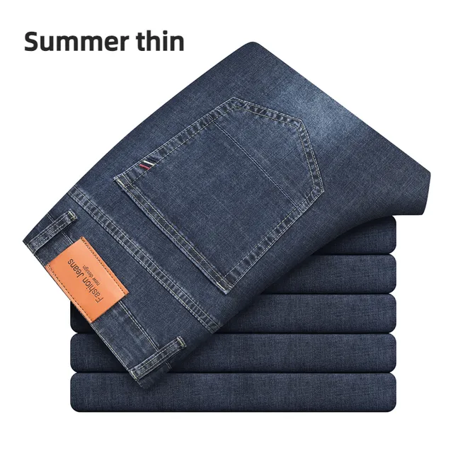 Brand Thin or Thick Material Straight Cotton Stretch Denim Men's  Business Casual High Waist Light Grey Blue Jeans