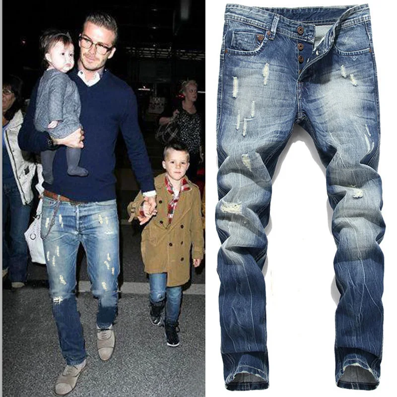 Fashion Beckham Hole Ripped Hip Hop Men Slim Jeans Trousers Button Fly Washed Vintage Pencil Denim Pants Pantalones Hombre