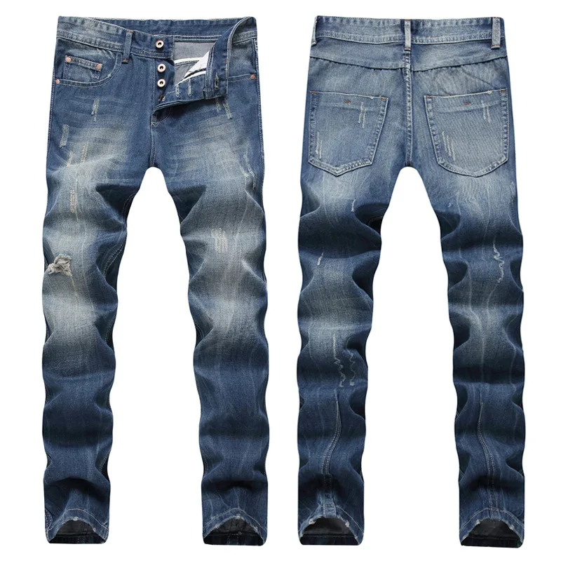 Fashion Beckham Hole Ripped Hip Hop Men Slim Jeans Trousers Button Fly Washed Vintage Pencil Denim Pants Pantalones Hombre