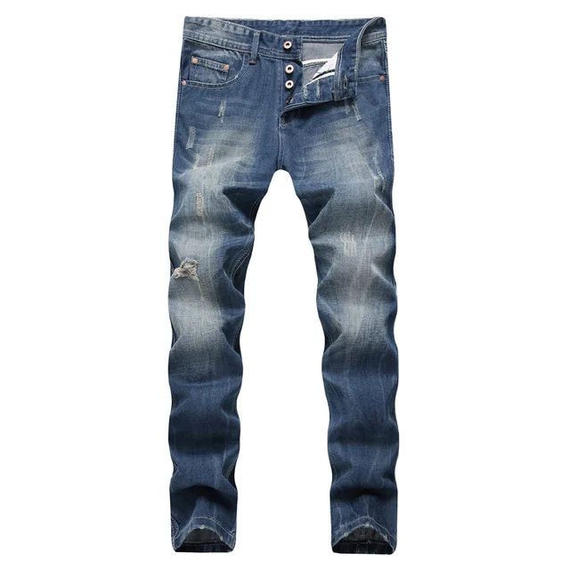 Fashion Beckham Hole Ripped Hip Hop Men Slim Jeans Trousers Button Fly Washed Vintage Pencil Denim Pants Pantalones Hombre