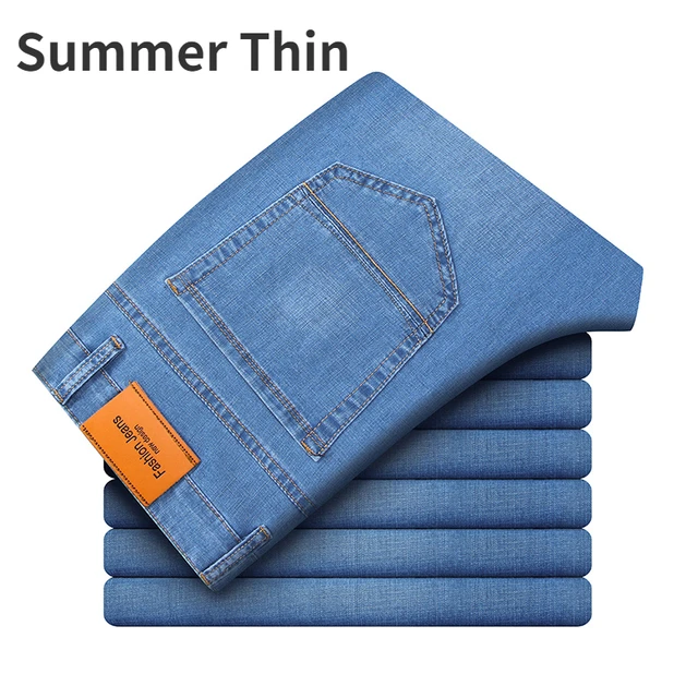 Thin or Thick Material Office Business Jeans Men Classic Blue Black Cotton Stretch Straight Denim Pants Male Brand Trousers