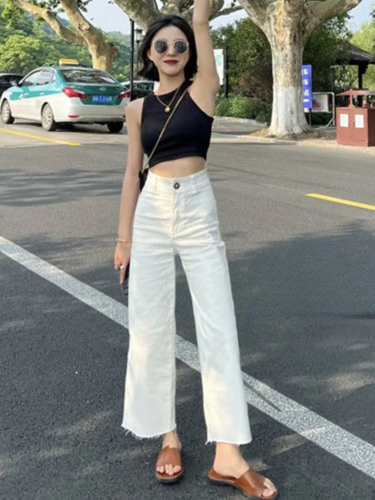Women Ripped Wide Leg Loose Korean Style Streetwear All-match Fashion Chic Temperament Washed Vintage