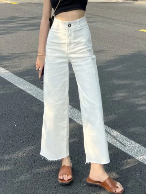 Women Ripped Wide Leg Loose Korean Style Streetwear All-match Fashion Chic Temperament Washed Vintage